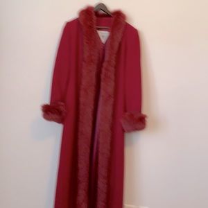 Deep Red Wool Coat Fox Fur Trim